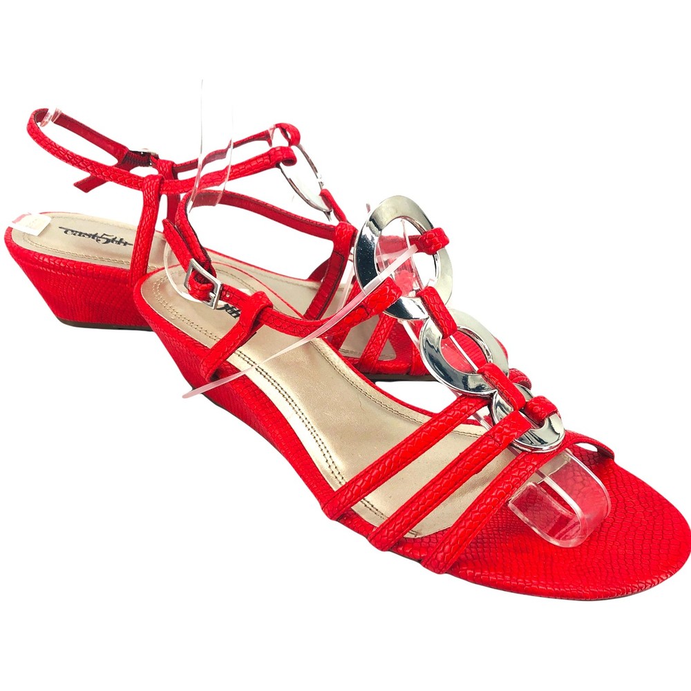 East 5th NEW Glyn Classic Red Wedge Strappy Sandals Embossed Leather Metal Sz 8